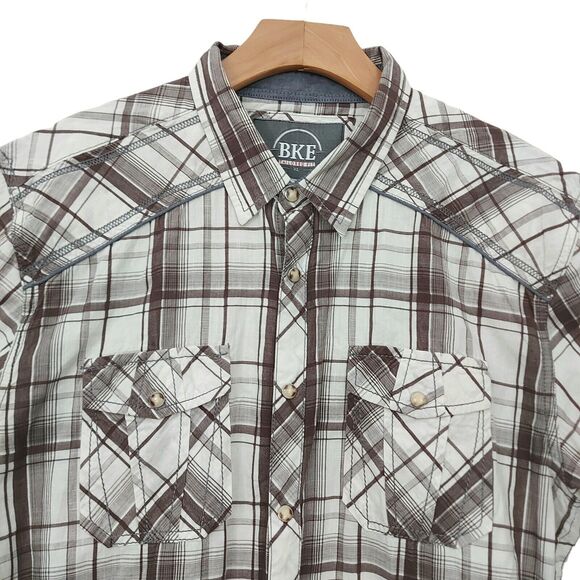BKE Mens Tailored Fit Plaid Shirt XL White Brown Short Sleeve Pearl Button - Picture 3 of 12